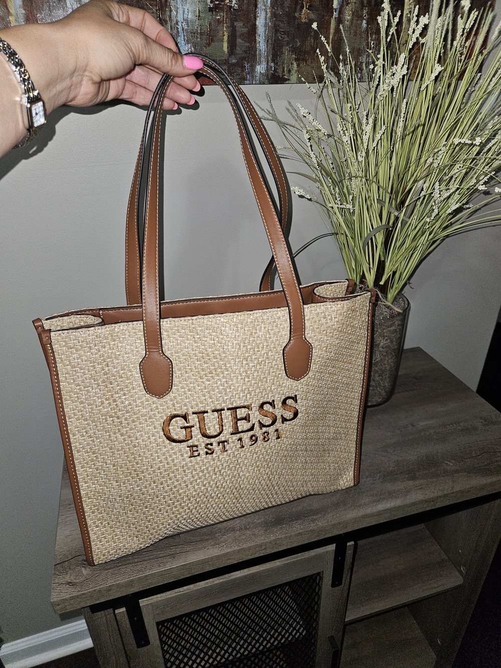GUESS Tan Straw Tote with Brown Trim and Logo
